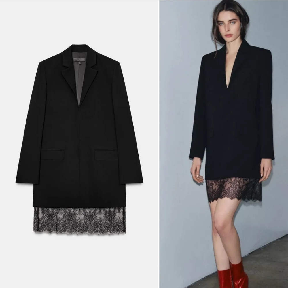 Boutique Sunday UP Black Blazer Dress with Lace Hem Small